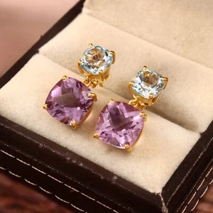 Amethyst & Blue Topaz Gold Plating Stud Earring , 925 Sterling Silver Earring - Picture 1 of 3