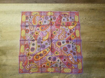 Vintage Purple Orange & Mustard Yellow Paisley Floral 26" Square Scarf; Japan  - Image 1 of 3