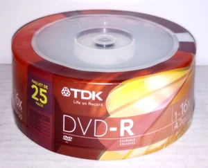 TDK DVD-R - 25 Pack - 16X Recordable DVD-R Disks - 4.7GB - Brand New / Sealed - Imagen 1 de 4