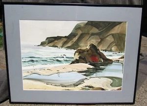 VINTAGE MID CENTURY WATERCOLOR PAINTING LISTED CALIFORNIA ARTIST BIG SUR - Picture 1 of 4