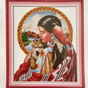 Kit de punto de cruz estampado para perro niña india nativa americana tiempo de relajación 18 x 21,5 - Imagen 1 de 5
