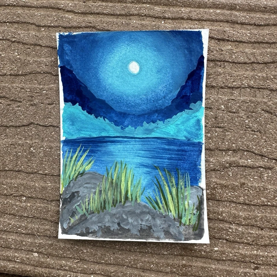 Tarjeta de arte de pintura gouache paisaje iluminado por la luna original Aceo Foto 1 de 1
