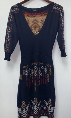 Free People Womens Blue Aztec Geometric Merino Wool Blend Knit Sweater Dress M - Image 1 of 4