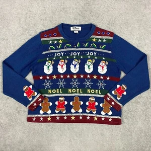 Ugly Christmas Sweater Womens Large Blue Snowman Gingerbread Rhinestones - Picture 1 of 14