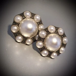 VINTAGE JUDITH JACK STERLING SILVER PEARLS MARCASITE EARRINGS APPROX 1”L - Picture 1 of 7