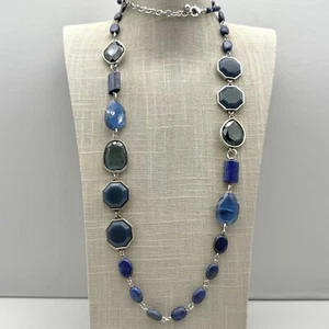 Chicos Womens Necklace Long Silver Tone Blue Beaded Strand 30" Modern Eclectic - Picture 1 of 8