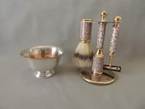Vintage Rasierbronze Set Ständer- Rasiermesser- Pinsel- Rasierschale - Bild 1 von 11