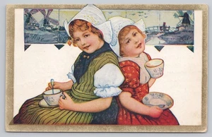 Vintage 1909 Dutch Girls with Tea Cups Postcard Handcolored Art - Picture 1 of 2