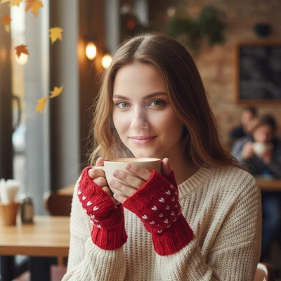 Hand Knit Wool Fingerless Gloves for Women, Fair Isle Heart Crochet Mittens - Image 1 of 4