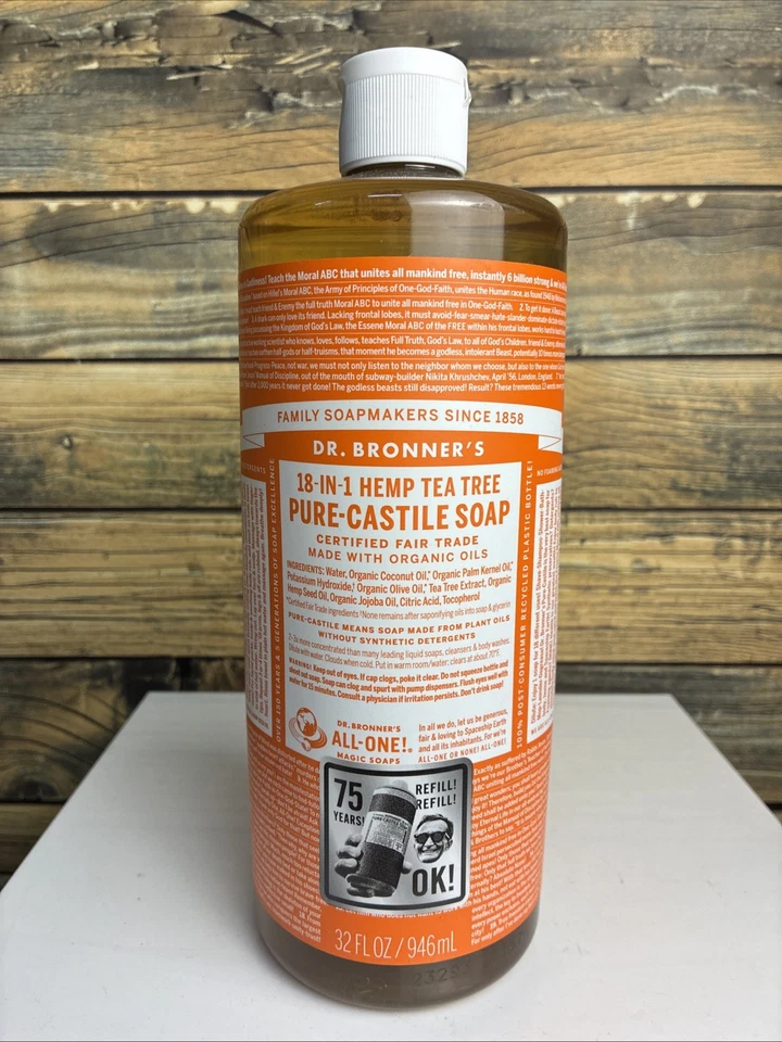Dr Bronner's Tea Tree Pure Castile Soap 32oz Organic Fair Trade Cleaning Agent - Image 1 of 4