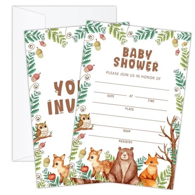 25 invitaciones de baby shower de animales del bosque con sobres para niño o niña Foto 1 de 4