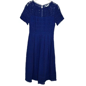 Boden Kleid Damen US 4 Blau Spitze Häkel Midi Kurzarm Baumwolle Fit Flare - Bild 1 von 10