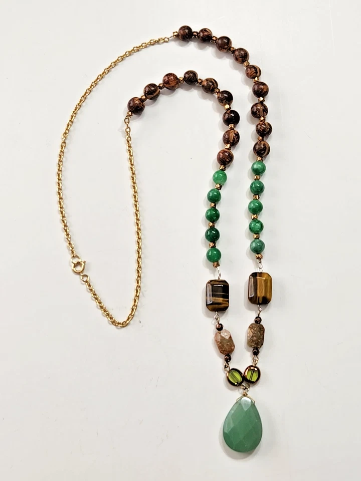 Collar De Colección Artesanal Tono Dorado Jade Ojo de Tigre Jaspe Bodhi Semillas Naturaleza Hecho a Mano Foto 1 de 4