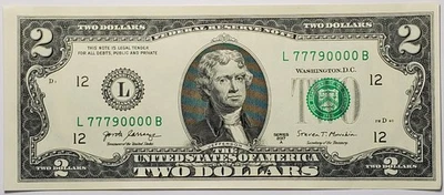 2017 A $2 GEM UNC fancy note with rollover serial# L77790000B, 2 of 2 - Image 1 of 2