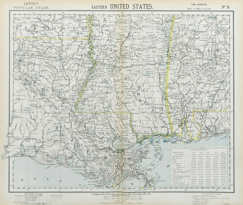 Mapa LETTS 1883 de Ferrocarriles de Alabama Mississippi Costa del Golfo de Estados Unidos Foto 1 de 1