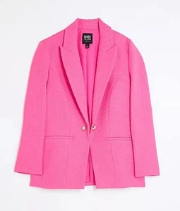 New NWT River Island Women's Neon Pink Boucle Blazer UK 6 Textured Rhinestone - Picture 1 of 9