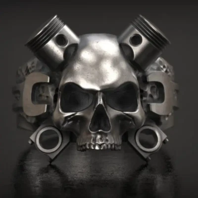 Banda de anillo de calavera con cabeza de motor joyería automotriz motorista plateado Foto 1 de 4