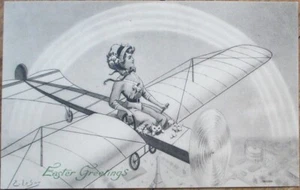 Postal de aviación de fantasía de Pascua de 1910, mujer, avión y arco iris, firmada por artista - Imagen 1 de 1