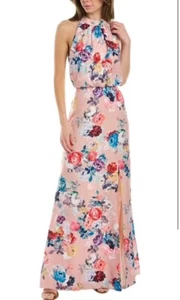 Adrianna Papell Floral Satin Jacquard Gown Size 14 Maxi Floor Length Halter - Picture 1 of 9
