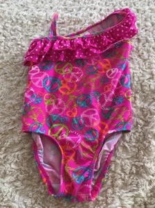Traje de baño de una pieza con volantes y signos de paz rosa verde azulado blanco para niños 4T - Imagen 1 de 9