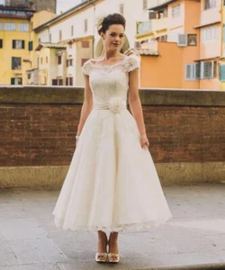 Cap Sleeve Lace Wedding Dresses Applique Buttons Back Tea Length Bridal Gowns - Picture 1 of 4