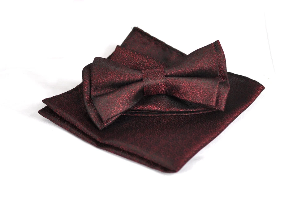 MENS BOW TIE + POCKET SQUARE Hanky Handkerchief Wedding Party DARK RED ELEGANT - Image 1 of 4