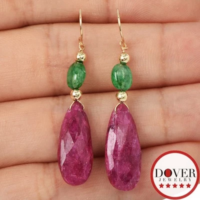 Estate Emerald Ruby 14K Yellow Gold Dangle Drop Earrings 3.4 Grams NR - Image 1 of 4