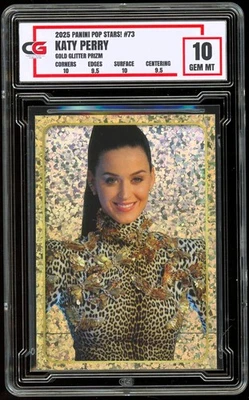 2025 Panini Pop Stars! Sticker #73 ~ GOLD GLITTER PRIZM ~ Katy Perry ~ CG 10 GEM - Image 1 of 2