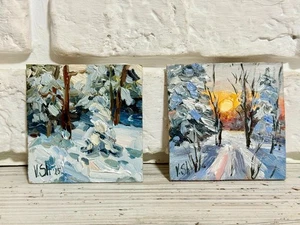 Conjunto de pintura al óleo original imanes invierno puesta de sol paisaje obra de arte firmada 3x3 pulgadas - Imagen 1 de 6