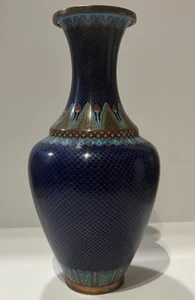 Antique ? Chinese Copper? Cloisonné Vase 9.5" Blue With Leaf Border AS IS DAMAGE - Picture 1 of 22