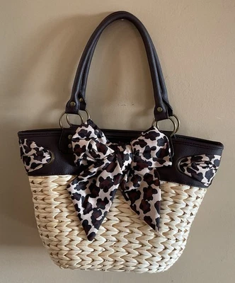 New Braciano Straw Purse With Leopard Print Fabric Trim & Bow - Image 1 of 4