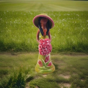9.5” Dominican Republic Faceless Doll Hand-Painted Pottery Figurine Pink Flowers - Picture 1 of 10