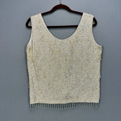Camiseta sin mangas vintage para mujer L de lana marfil con lentejuelas y cuentas para fiesta Foto 1 de 4