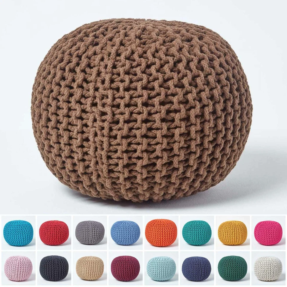 Cotton Knitted Pouffe & Footstool Round Large Chunky Ottoman Stool - Image 1 of 1