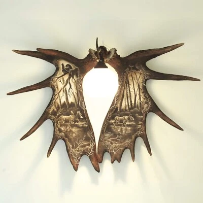 Large Moose Antler Wall Sconce with Carvings shows Moose - Image 1 of 4