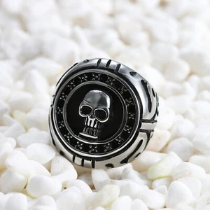 AU Men Vintage Punk Rock Casting Black&Silver Stainless Steel Skull Band Ring - Picture 1 of 9