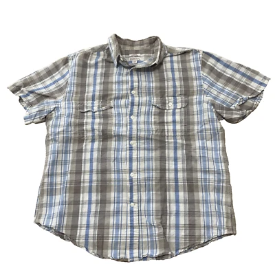 Merona Linen Button Up Shirt Men L Classic Brown Blue Plaid Western Beach 46" - Image 1 of 4