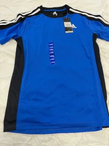 Adidas Boys Shirt Short Sleeve AA6077 (White Stripes Black/Blue L-14/16)NWT - Picture 1 of 1