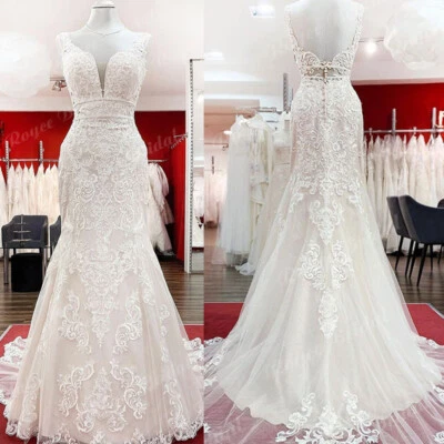 Mermaid Wedding Dresses Sleeveless V Neck Lace Fantasy Backless Bridal Gowns - Image 1 of 4