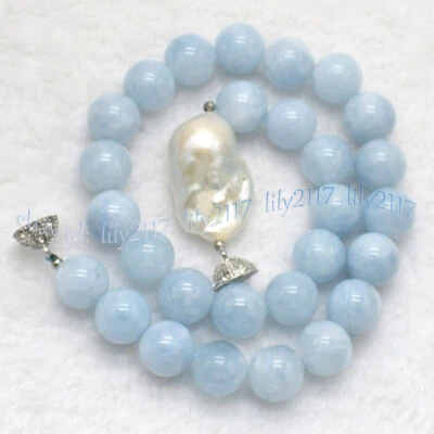Natural Blue Aquamarine Round Gemstone White Keshi Baroque Pearl Necklace 6-14mm - Image 1 of 4