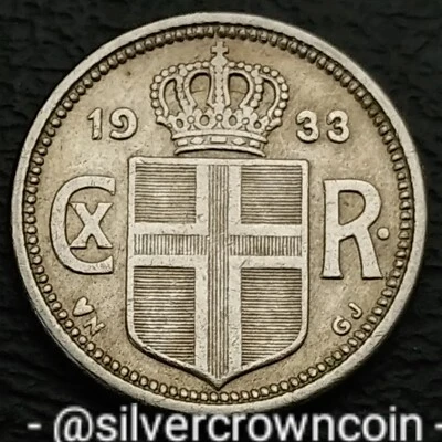 Iceland 10 Aurar 1933 N ❤ GJ . KM#1.1. Dime Ten Cents Coin. Christian X Low Mint - Image 1 of 4