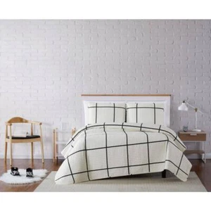 Truly Soft Quilt Set 68" x 90" Geometric Twin XL-Size Ivory and Black 2-Piece - Picture 1 of 5