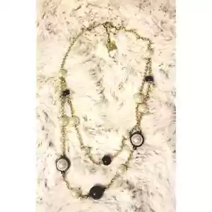 Anne Klein Gold Color Hardware Chain Double Layer Necklace Black White PearlBead - Picture 1 of 6