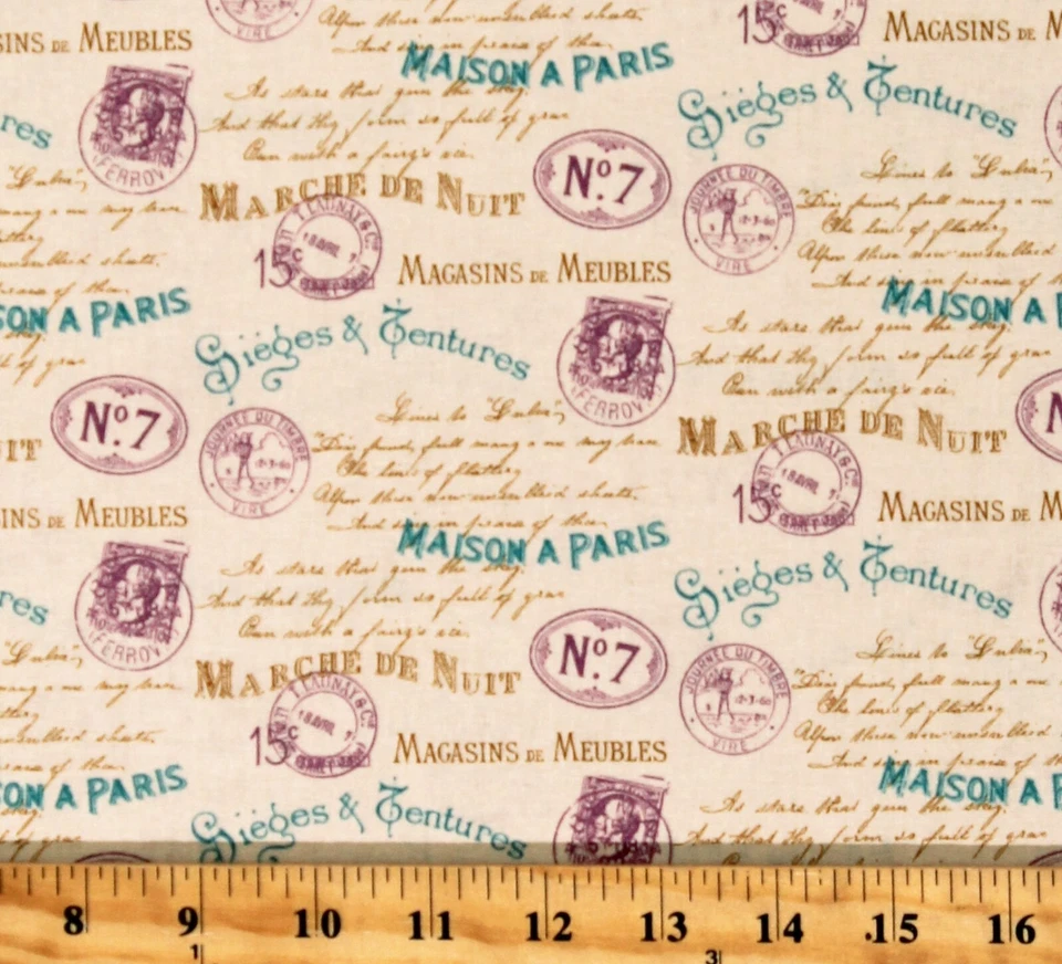 Estampillas vintage de algodón para enviar cartas para escribir franqueo impresión de tela por D474,43 Foto 1 de 1