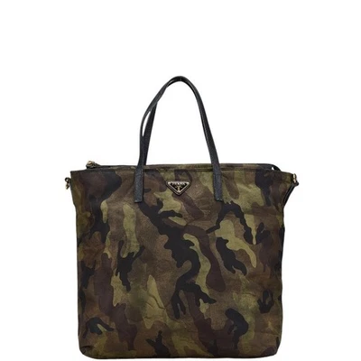 Prada triangle logo plate camo pattern tote bag khaki black nylon leather ladies - Image 1 of 4