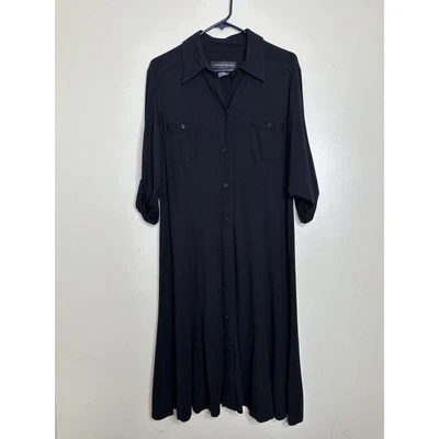 Jones Нью-Йорк вязаный эластичной рубашка платье Sz 14 черный рулон вкладка рукав кнопка спереди - Изображение 1 из 4