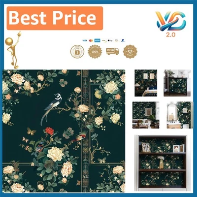 Papel tapiz verde oscuro floral pelar y pegar - Diseño de pájaro vintage, 17 pulgadas x 118,1 pulgadas Foto 1 de 4