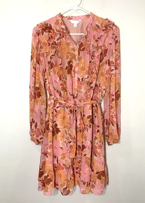 Lauren Conrad Dress Large Pink Floral Long Sleeve Belted Lined Feminine Wedding - Image 1 of 4