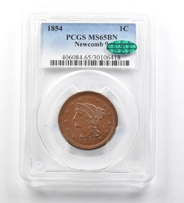 1854 Braided Hair Large Cent Newcomb 9 MS65 BN PCGS CAC N-9 LDS *3487 - Image 1 of 3