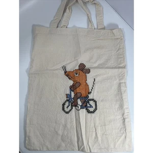 FINISHED NEEDLEPOINT Mouse On Bike Tote Bag 18x14” Cross Stitch - Picture 1 of 7